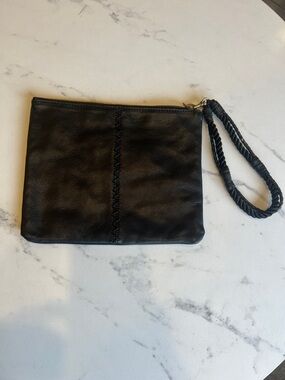 Free People Sundown Wild black Leather Wristlet Clutch  Braided Strap